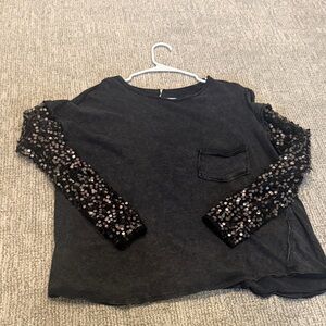 Free People Black Sequin Sleeve Top